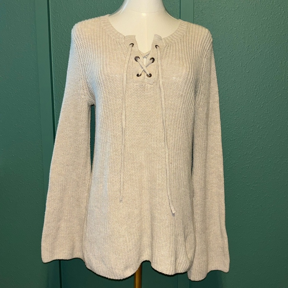 Women's Cable knit sweater Boho style , flare sleeve tie front. size small